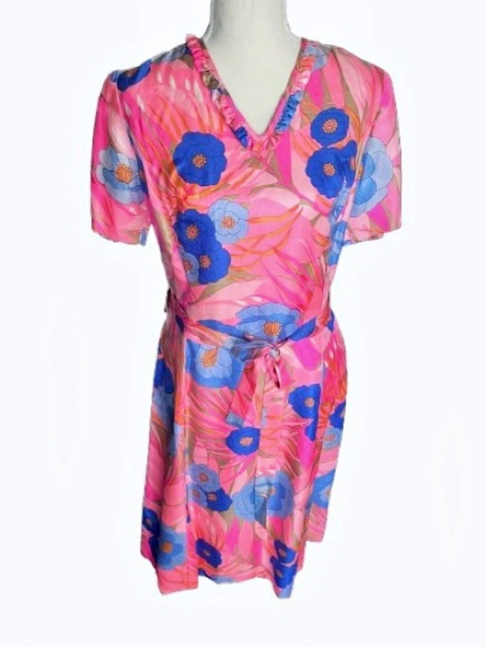 Groovy 1970’s AMIN BEDER Floral Mini Dress Silk Designer Flowers Boho Vintage 70
